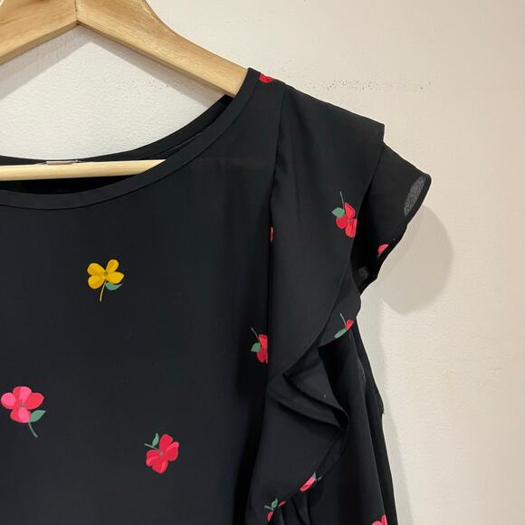 LOFT Black Floral Ruffle Sleeve Blouse Size L Feminine Chic Office Cute - Picture 4 of 9